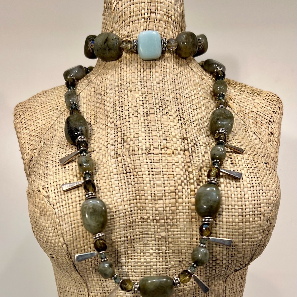 Hand Crafted Earthy Green Labradorite and Silver tone Necklace.